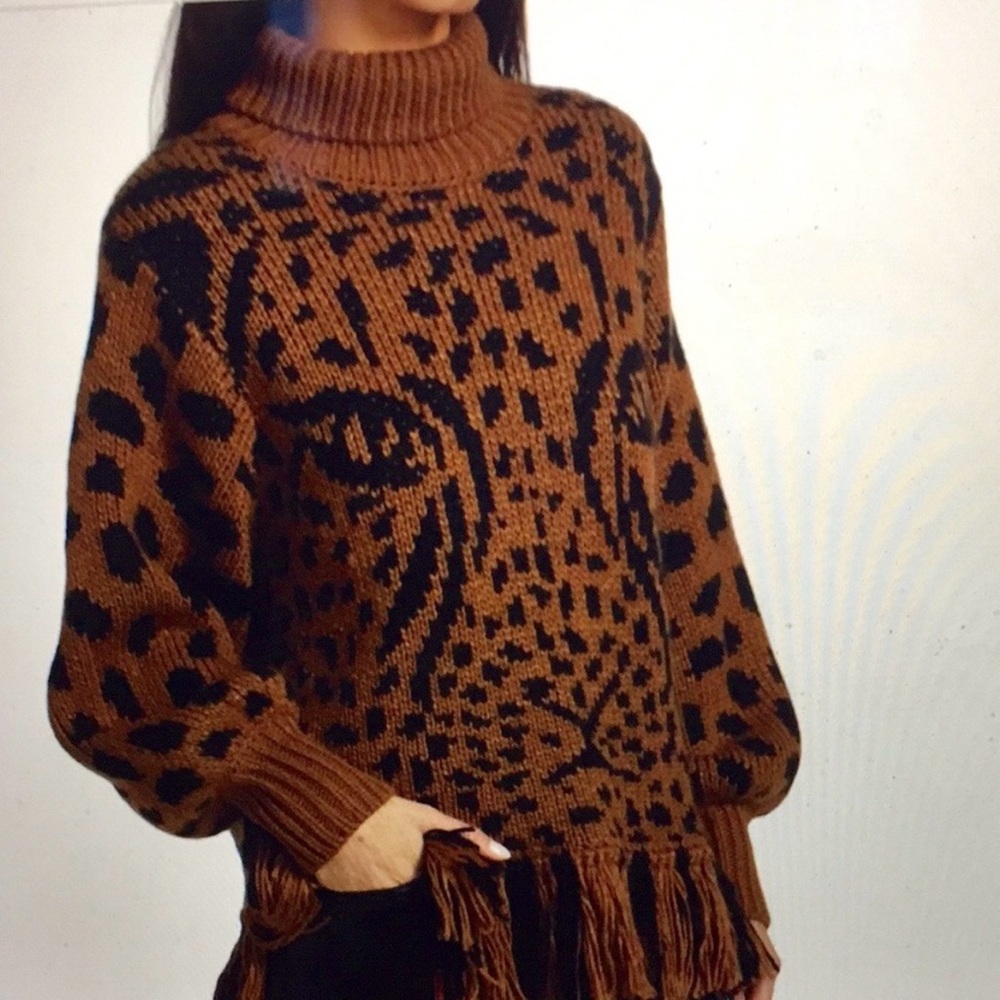 FARM Rio Brown and Black Leopard Turtleneck Sweater